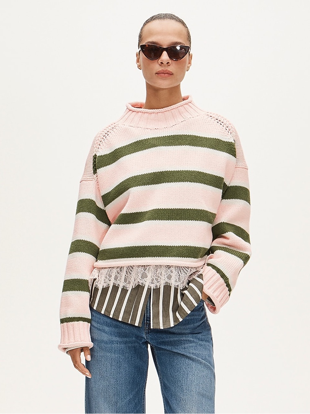 J.CREW The Rollneck by Collina Strada Size Medium Pink Green Lace NWT